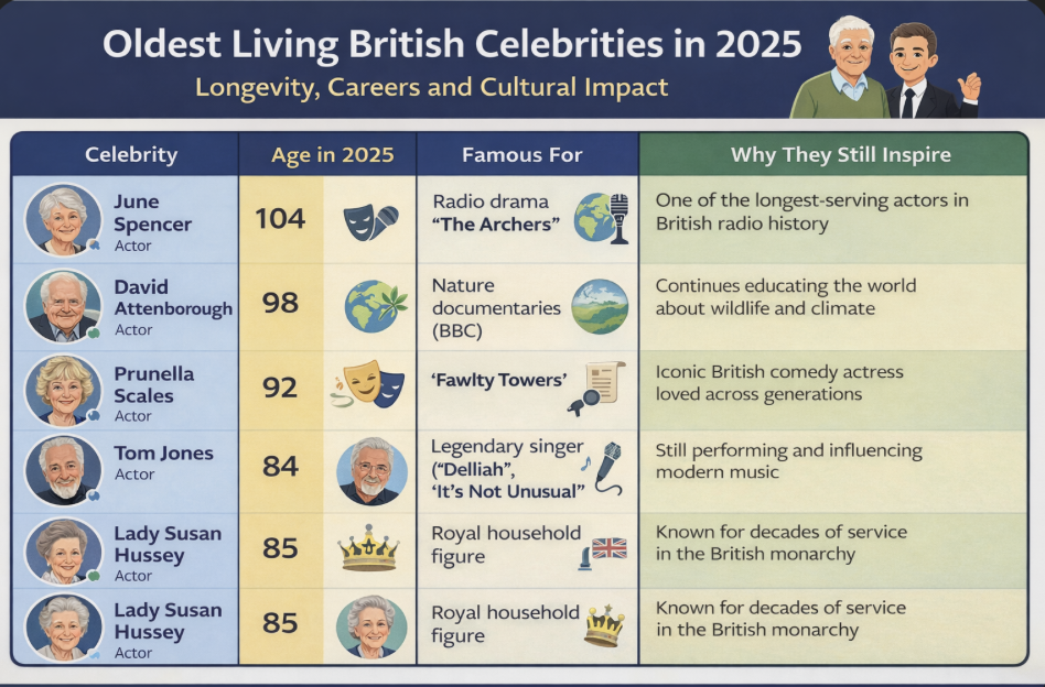 Overview of some of the oldest living British celebrities in 2025, highlighting their ages, careers and continued influence on British culture and entertainment.